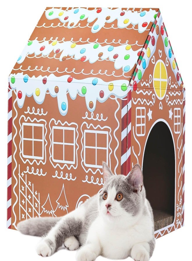 MUNILAIL Christmas Gingerbread Cat House 16.5"x 13"x19" Christmas Cardboard Cat Scratcher House with Scratching Pad for Indoor Cats Kittens Large Cat Playhouse - Image 1